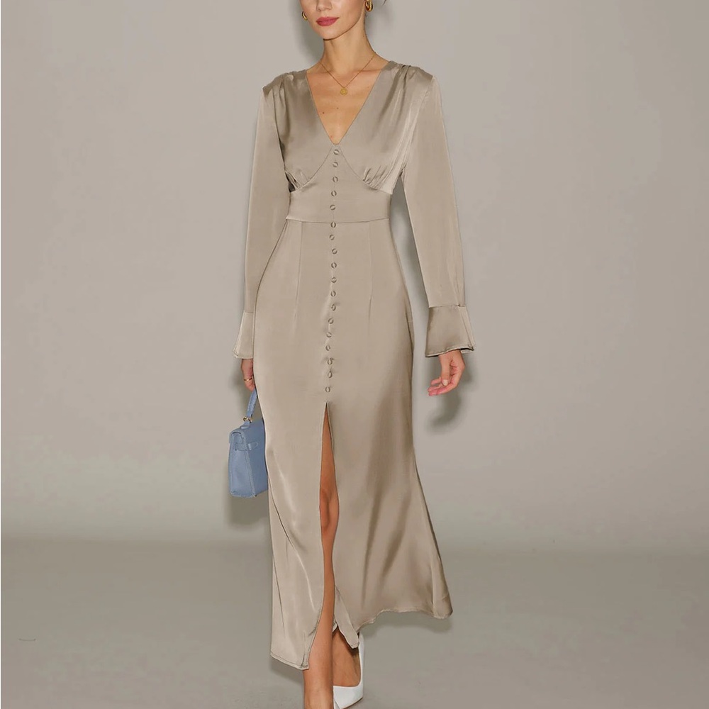 Khaki Satin V Neck Bell Sleeve Dress